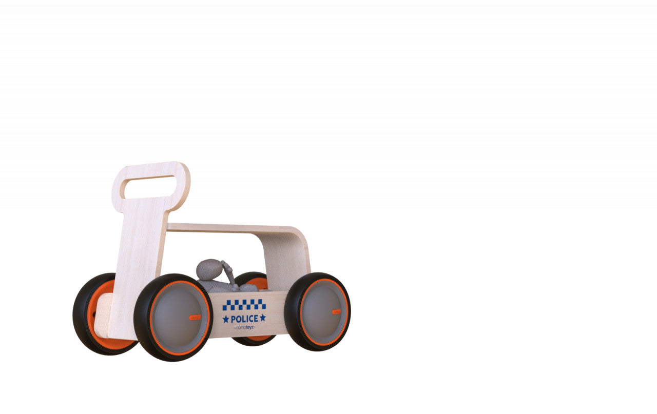 Masinuta ride-on, premergator si carucior de jucarii MamaToyz DriveMe Wood, Politie - Jucarie din lemn 3 in 1