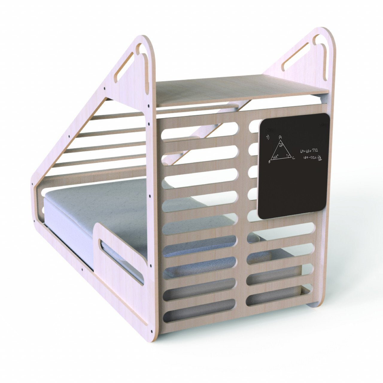 Pat Montessori din lemn MamaToyz, cu tobogan, tabla de scris, masuta si leagan, Natur