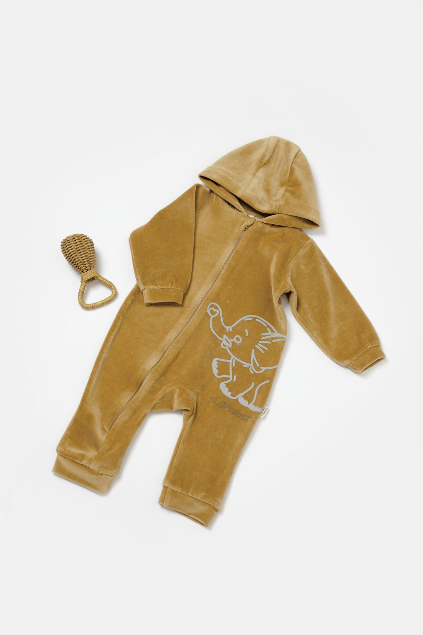 Salopeta Elefant cu maneca lunga si gluga din 80%bumbac organic si 20% poliester - , BabyCosy