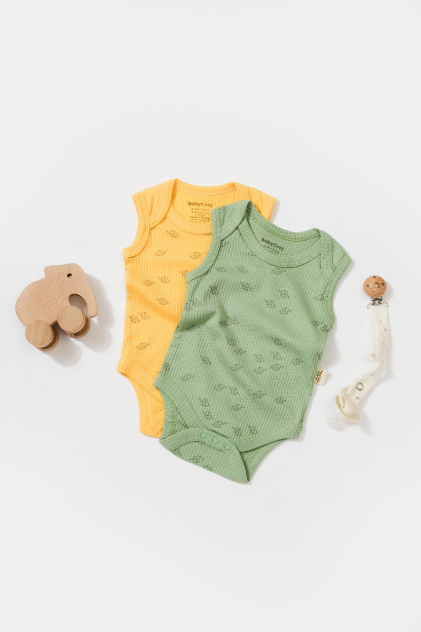 Set 2 body-uri fara maneci bebe unisex Girafa, BabyCosy, 100% bumbac organic