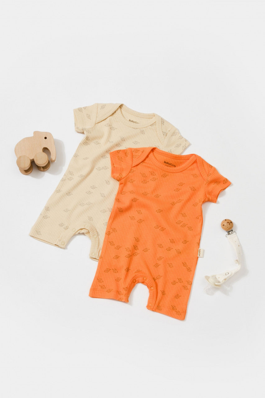 Set 2 salopete scurte Printed, BabyCosy, 50% modal+50% bumbac, Ecru/Lavanda