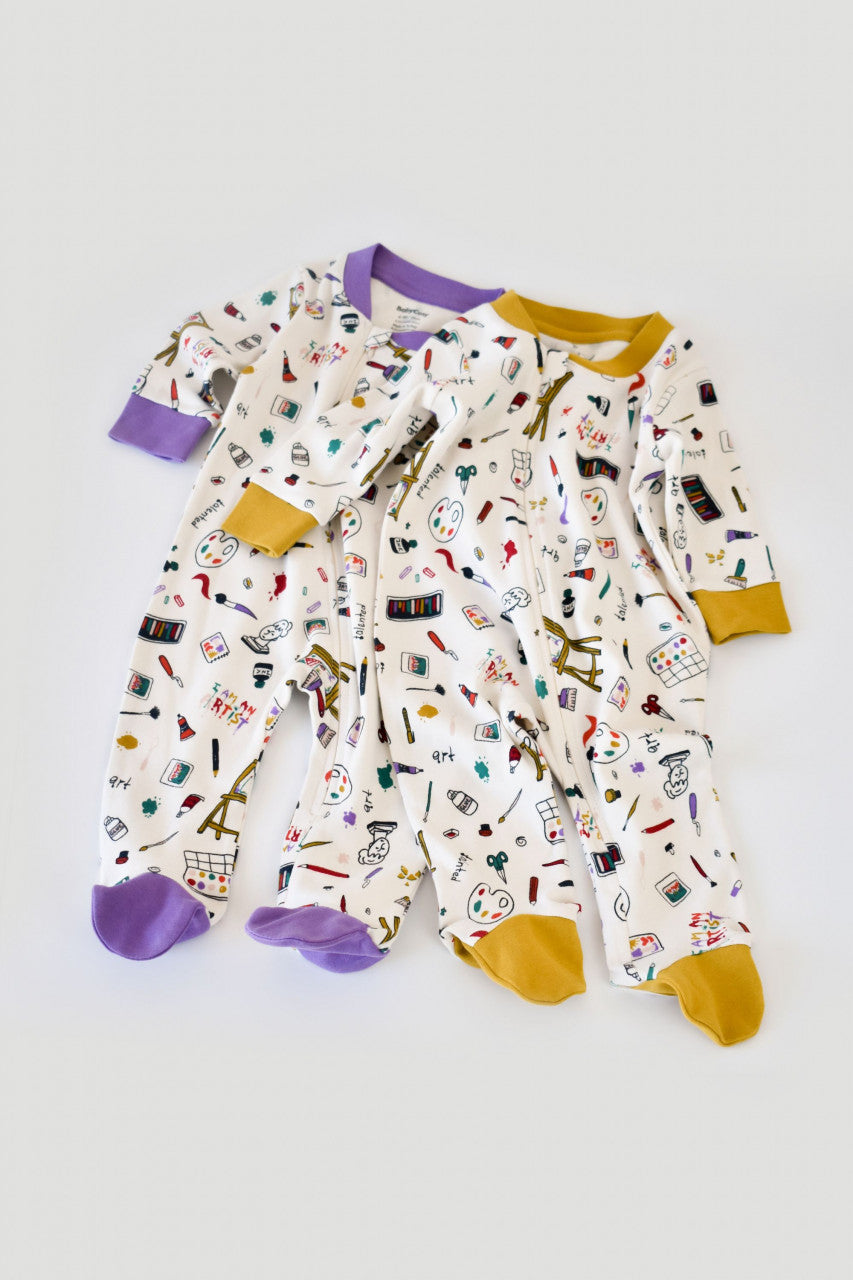 Set 2 salopetele cu maneca lunga si pantaloni lungi cu botosei - 100%bumbac organic -  cu buline, BabyCosy