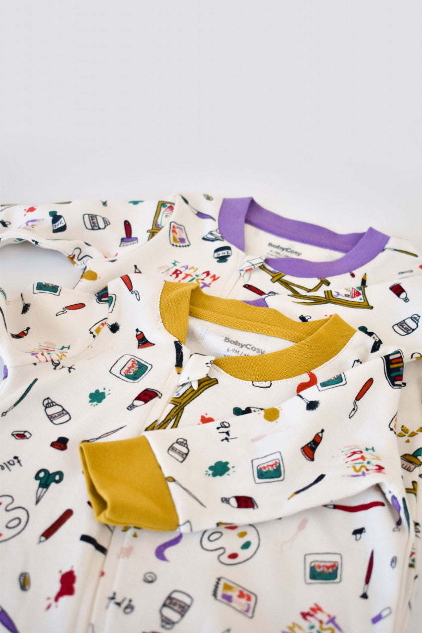 Set 2 salopetele cu maneca lunga si pantaloni lungi cu botosei - 100%bumbac organic -  cu buline, BabyCosy