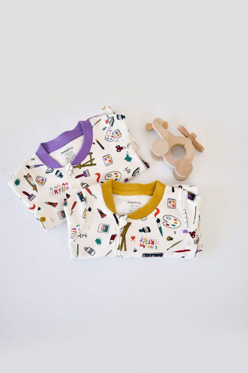 Set 2 salopetele cu maneca lunga si pantaloni lungi cu botosei - 100%bumbac organic -  cu buline, BabyCosy
