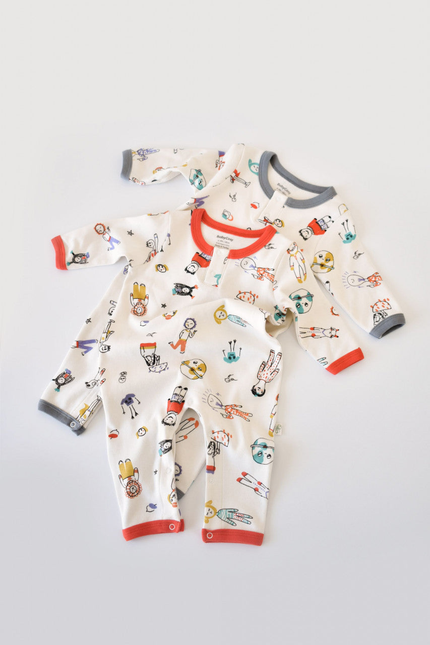 Set 2 salopetele cu maneca lunga si pantaloni lungi cu botosei - 100%bumbac organic -  cu buline, BabyCosy