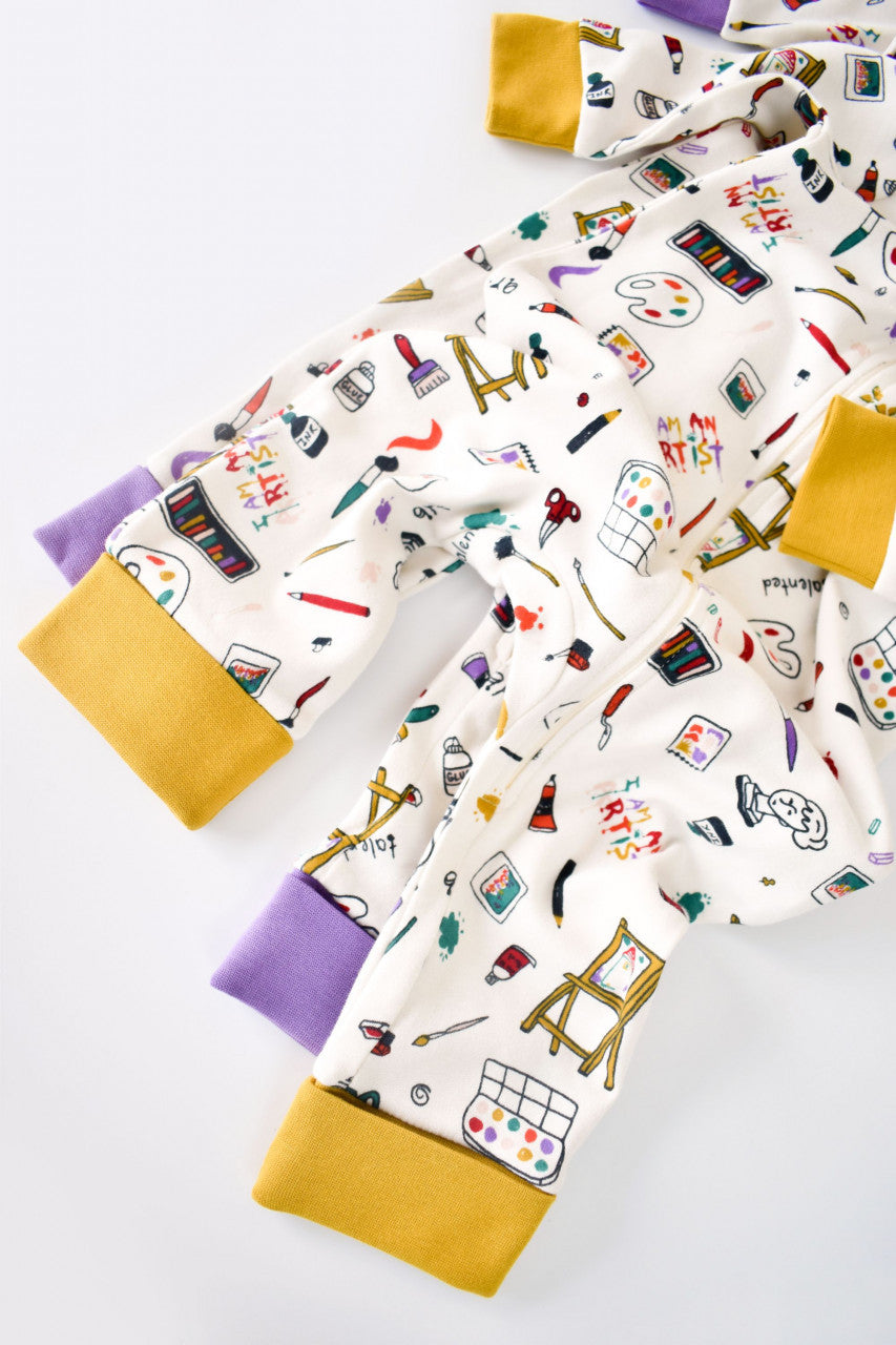 Set 2 salopetele cu maneca lunga si pantaloni lungi cu botosei - 100%bumbac organic -  cu buline, BabyCosy