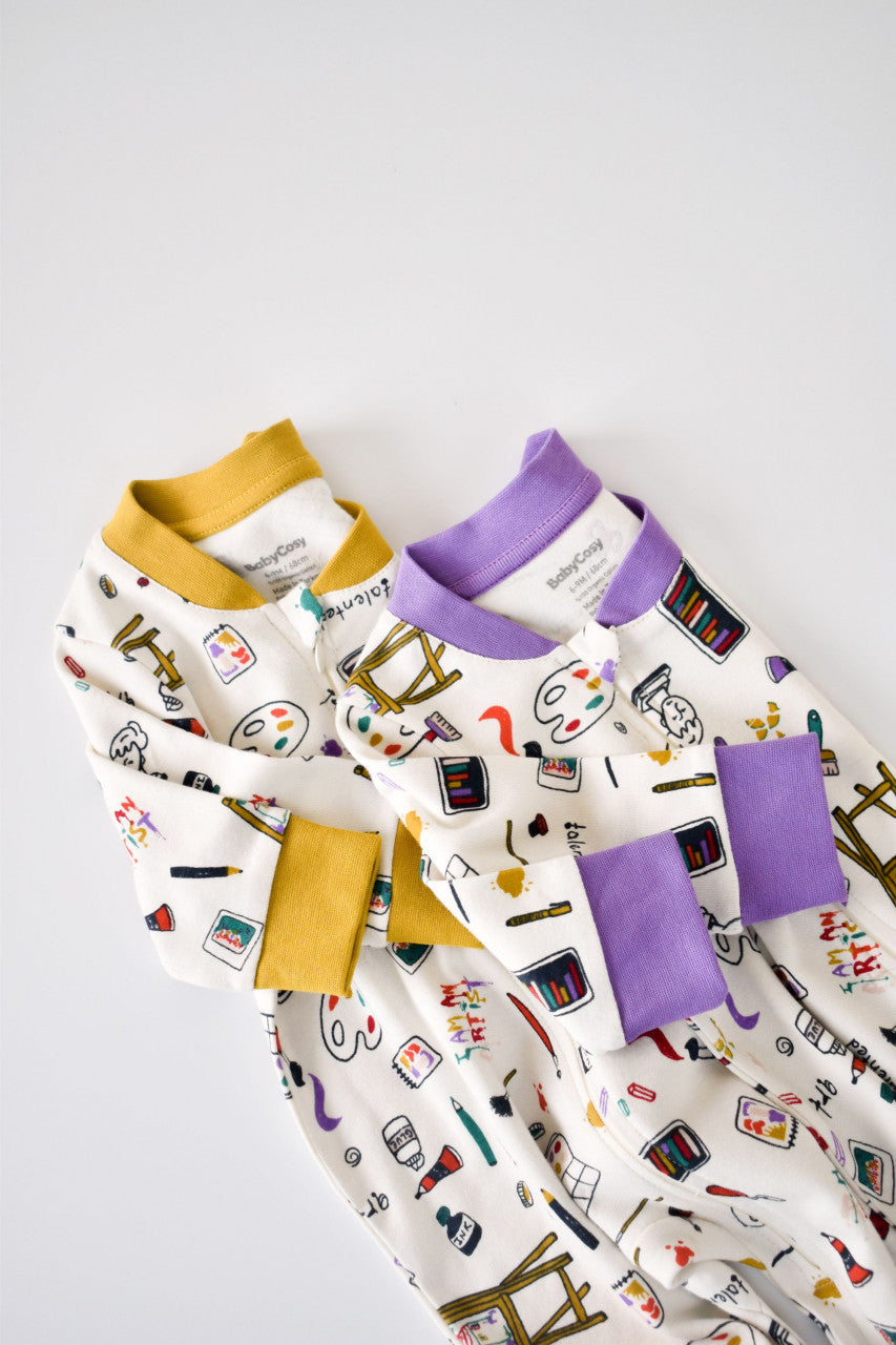 Set 2 salopetele cu maneca lunga si pantaloni lungi cu botosei - 100%bumbac organic -  cu buline, BabyCosy