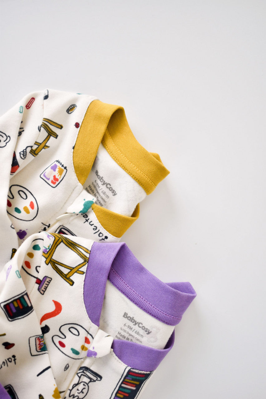 Set 2 salopetele cu maneca lunga si pantaloni lungi cu botosei - 100%bumbac organic -  cu buline, BabyCosy