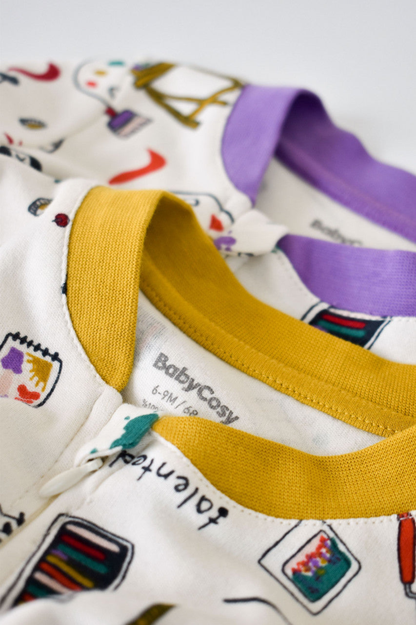 Set 2 salopetele cu maneca lunga si pantaloni lungi cu botosei - 100%bumbac organic -  cu buline, BabyCosy