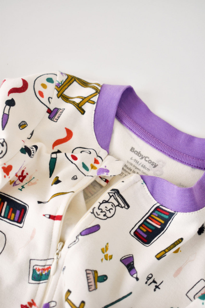 Set 2 salopetele cu maneca lunga si pantaloni lungi cu botosei - 100%bumbac organic -  cu buline, BabyCosy