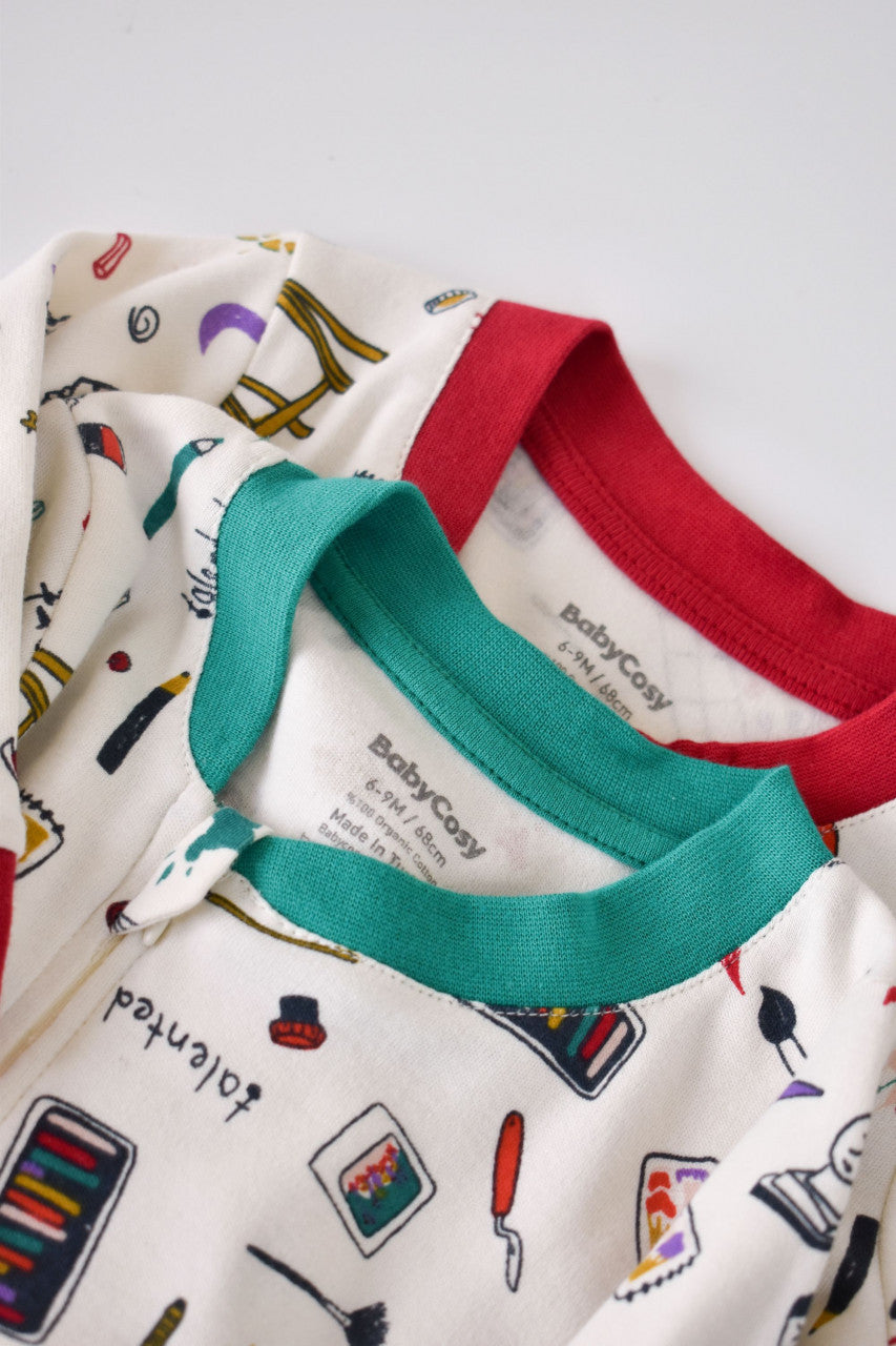 Set 2 salopetele cu maneca lunga si pantaloni lungi cu botosei - 100%bumbac organic -  cu buline, BabyCosy