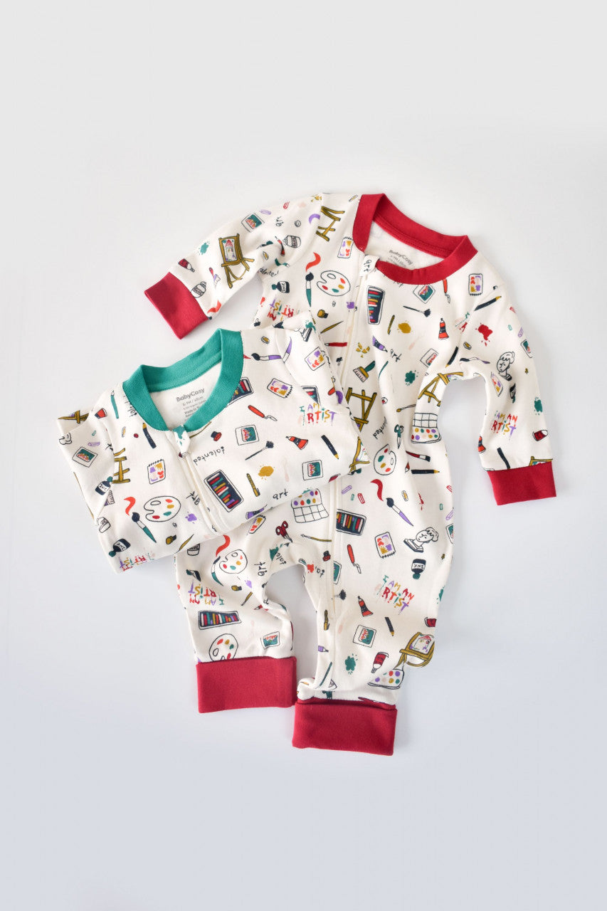 Set 2 salopetele cu maneca lunga si pantaloni lungi cu botosei - 100%bumbac organic -  cu buline, BabyCosy