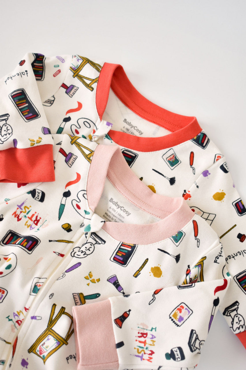 Set 2 salopetele cu maneca lunga si pantaloni lungi cu botosei - 100%bumbac organic -  cu buline, BabyCosy