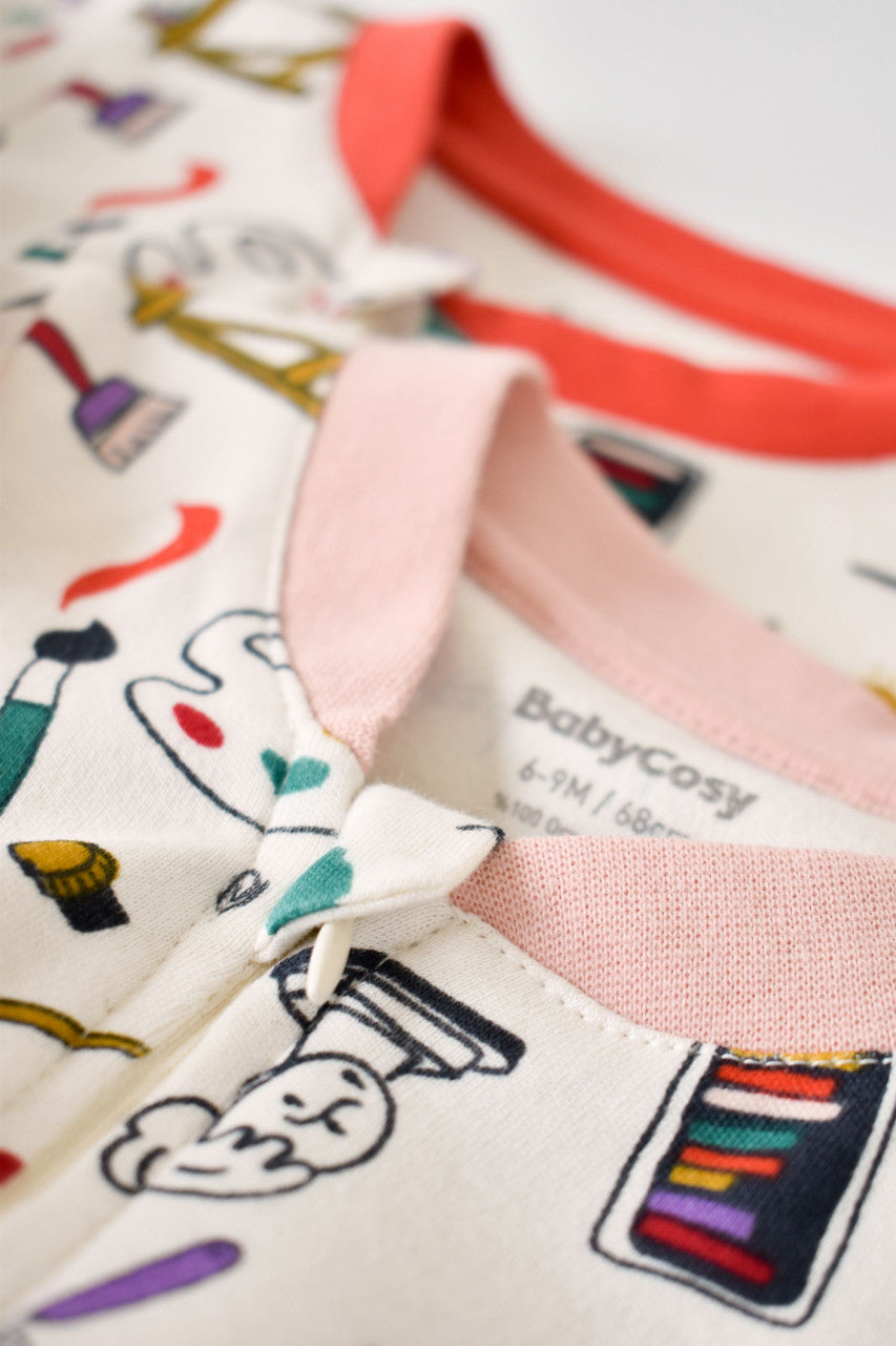 Set 2 salopetele cu maneca lunga si pantaloni lungi cu botosei - 100%bumbac organic -  cu buline, BabyCosy