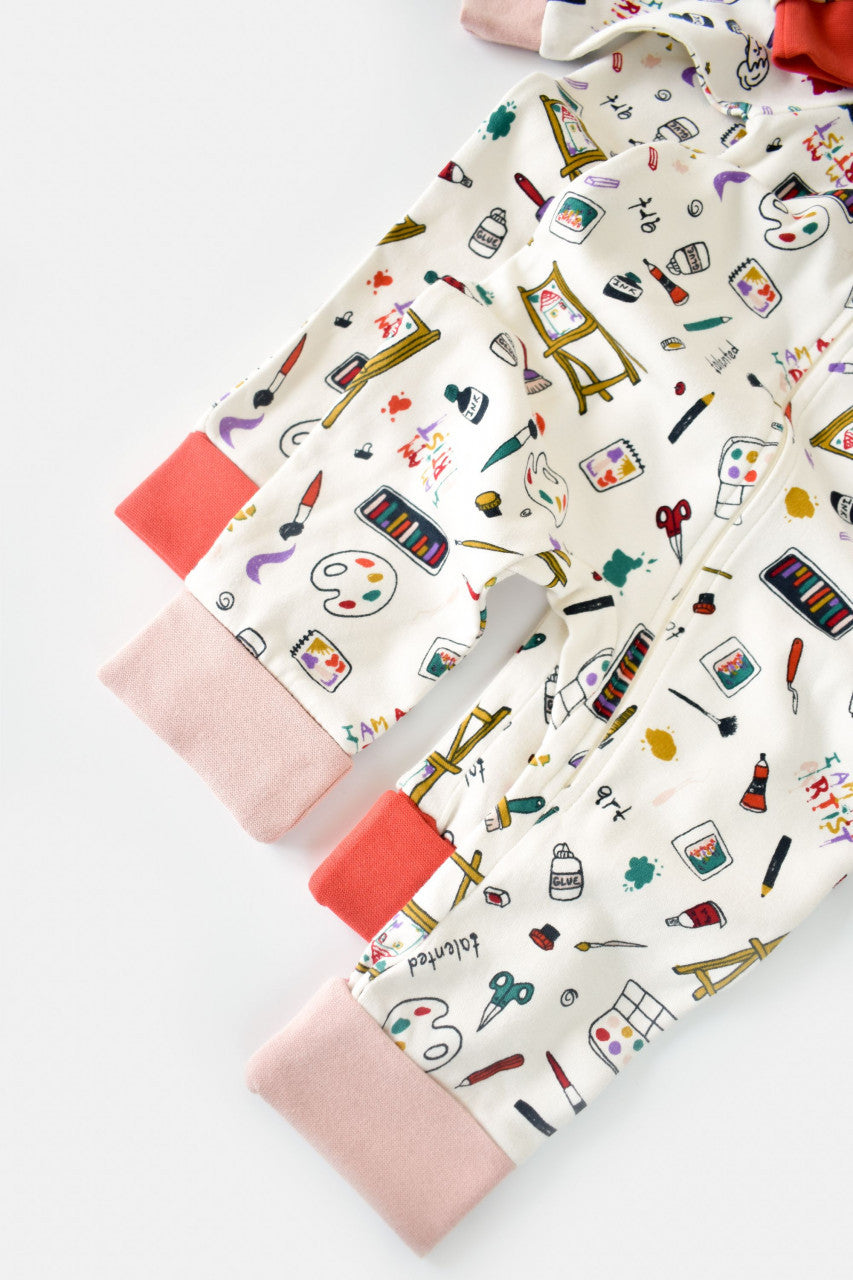 Set 2 salopetele cu maneca lunga si pantaloni lungi cu botosei - 100%bumbac organic -  cu buline, BabyCosy