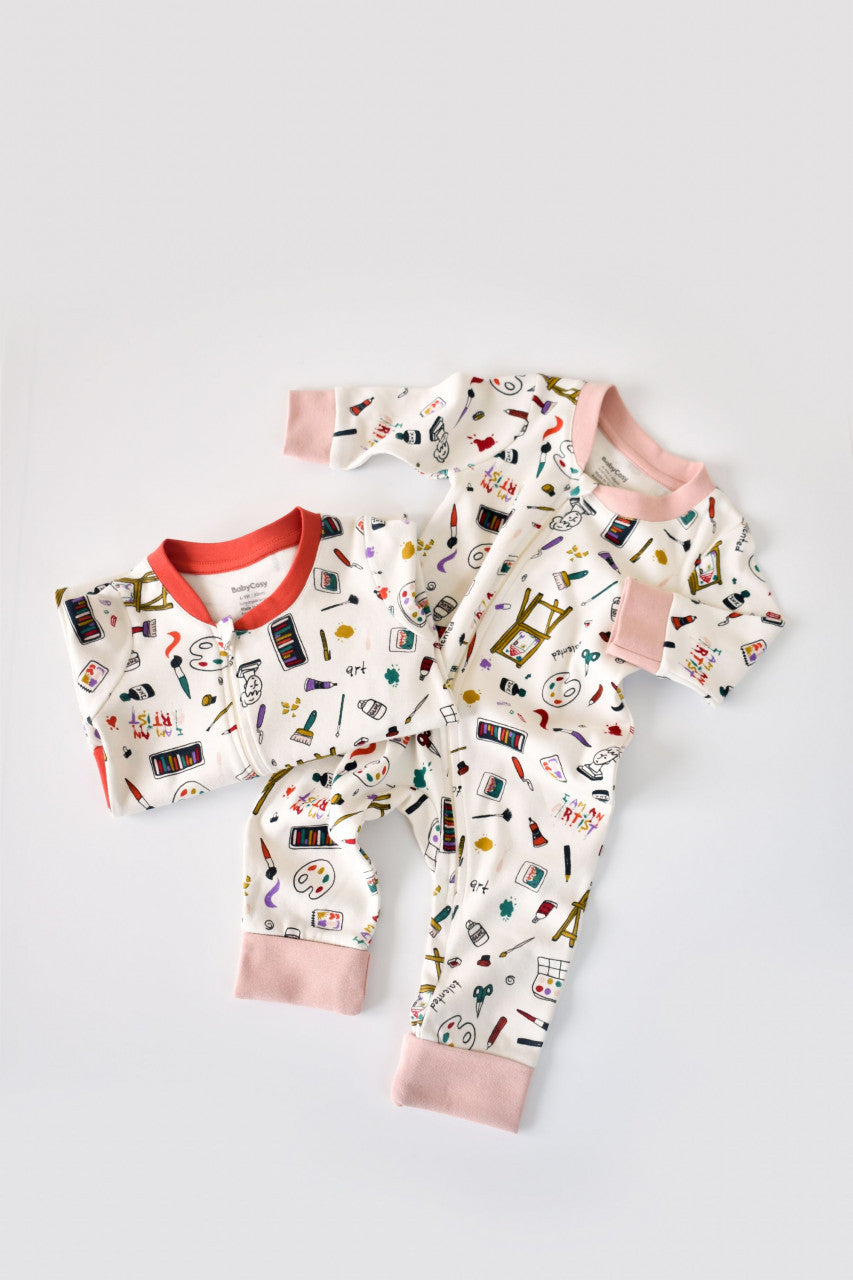 Set 2 salopetele cu maneca lunga si pantaloni lungi cu botosei - 100%bumbac organic -  cu buline, BabyCosy