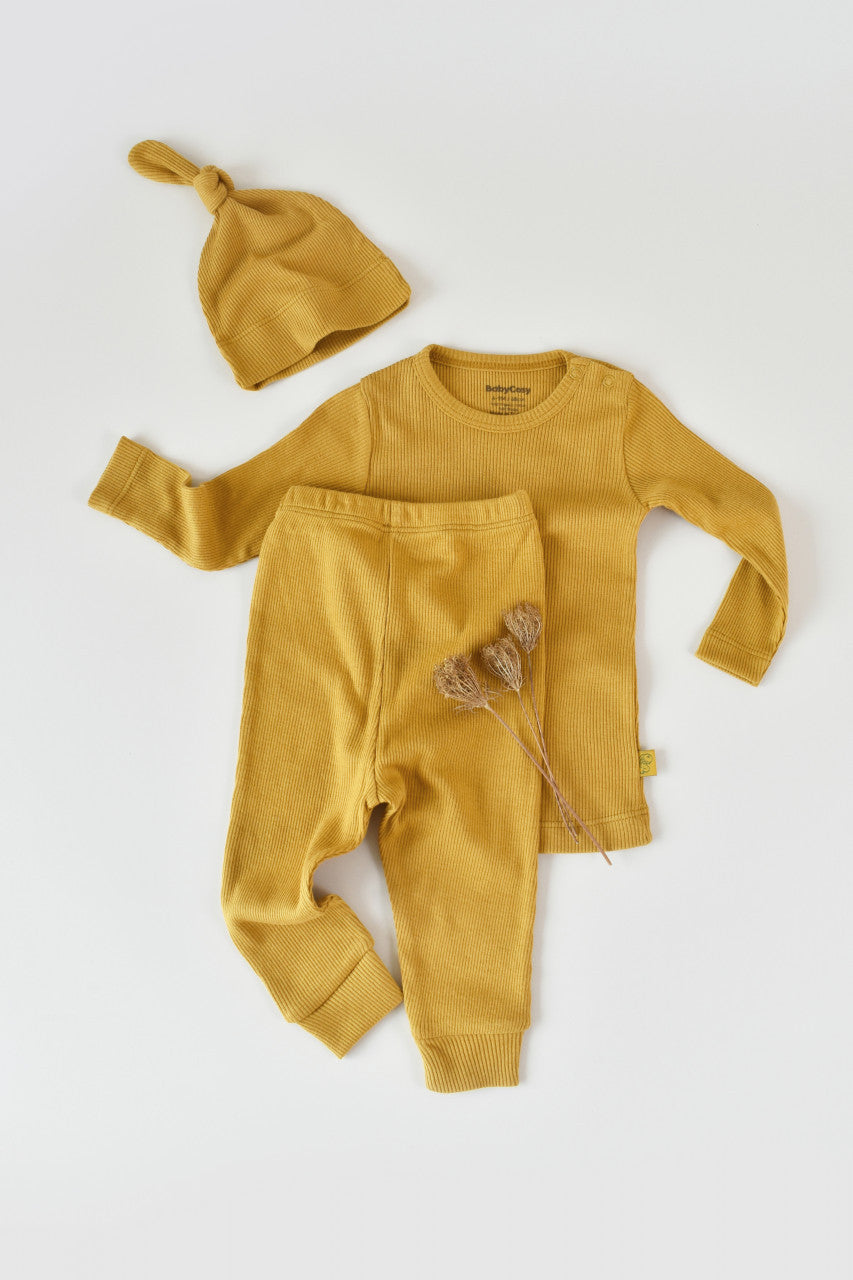 Set 3 piese: bluzita cu maneca lunga, pantaloni lungi si caciulita din bumbac organic si modal - , BabyCosy