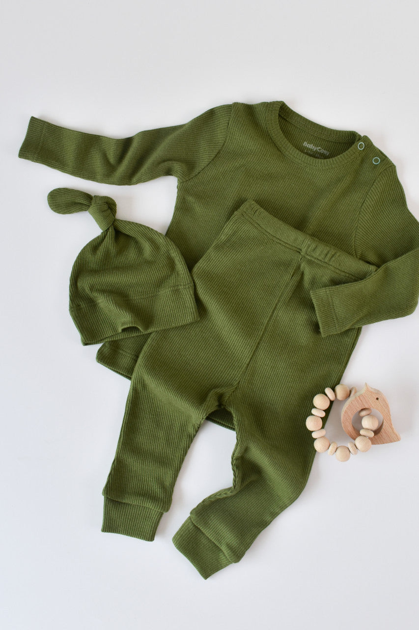 Set 3 piese: bluzita cu maneca lunga, pantaloni lungi si caciulita din bumbac organic si modal - , BabyCosy