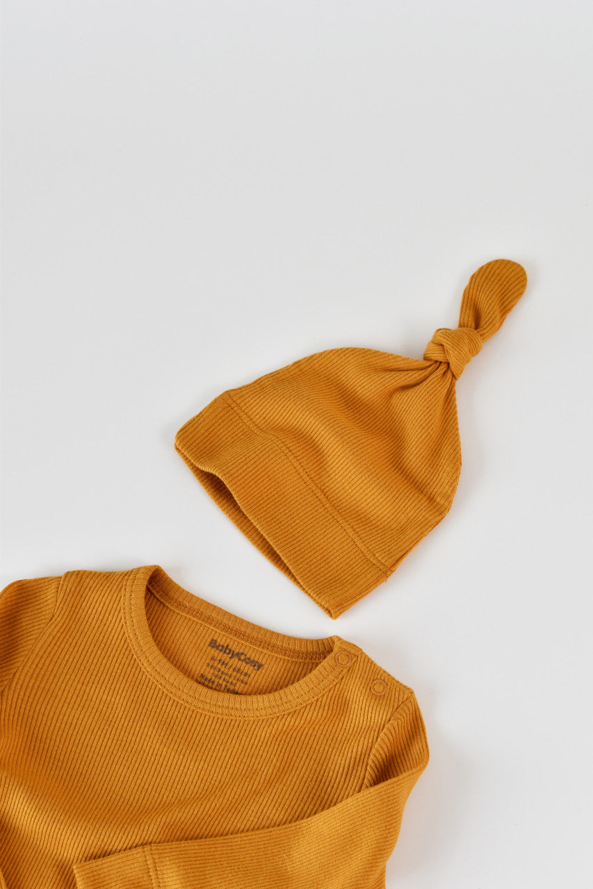 Set 3 piese: body cu maneca lunga, pantaloni lungi si caciulita din bumbac organic si modal - , BabyCosy