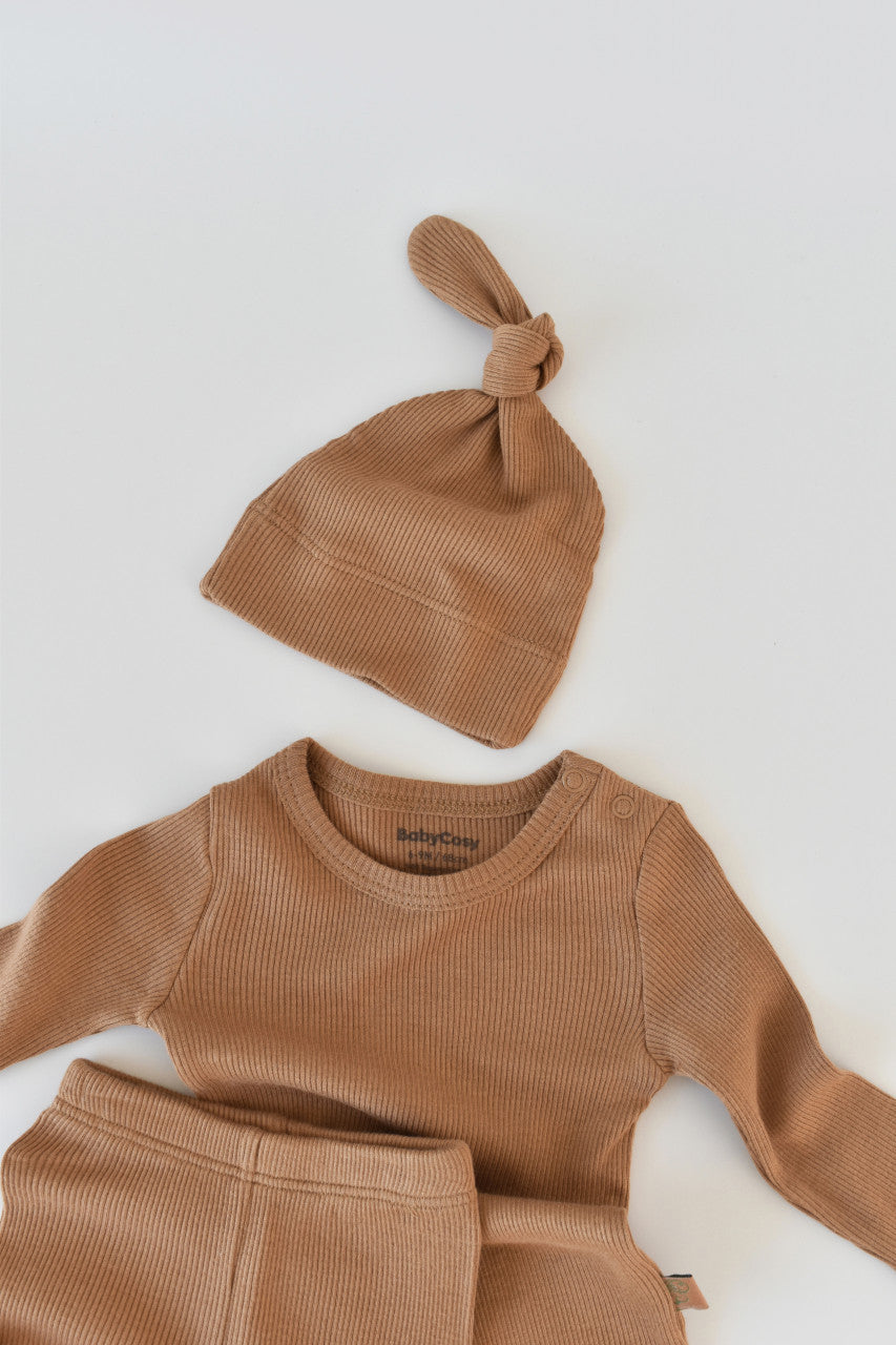Set 3 piese: body cu maneca lunga, pantaloni lungi si caciulita din bumbac organic si modal - , BabyCosy