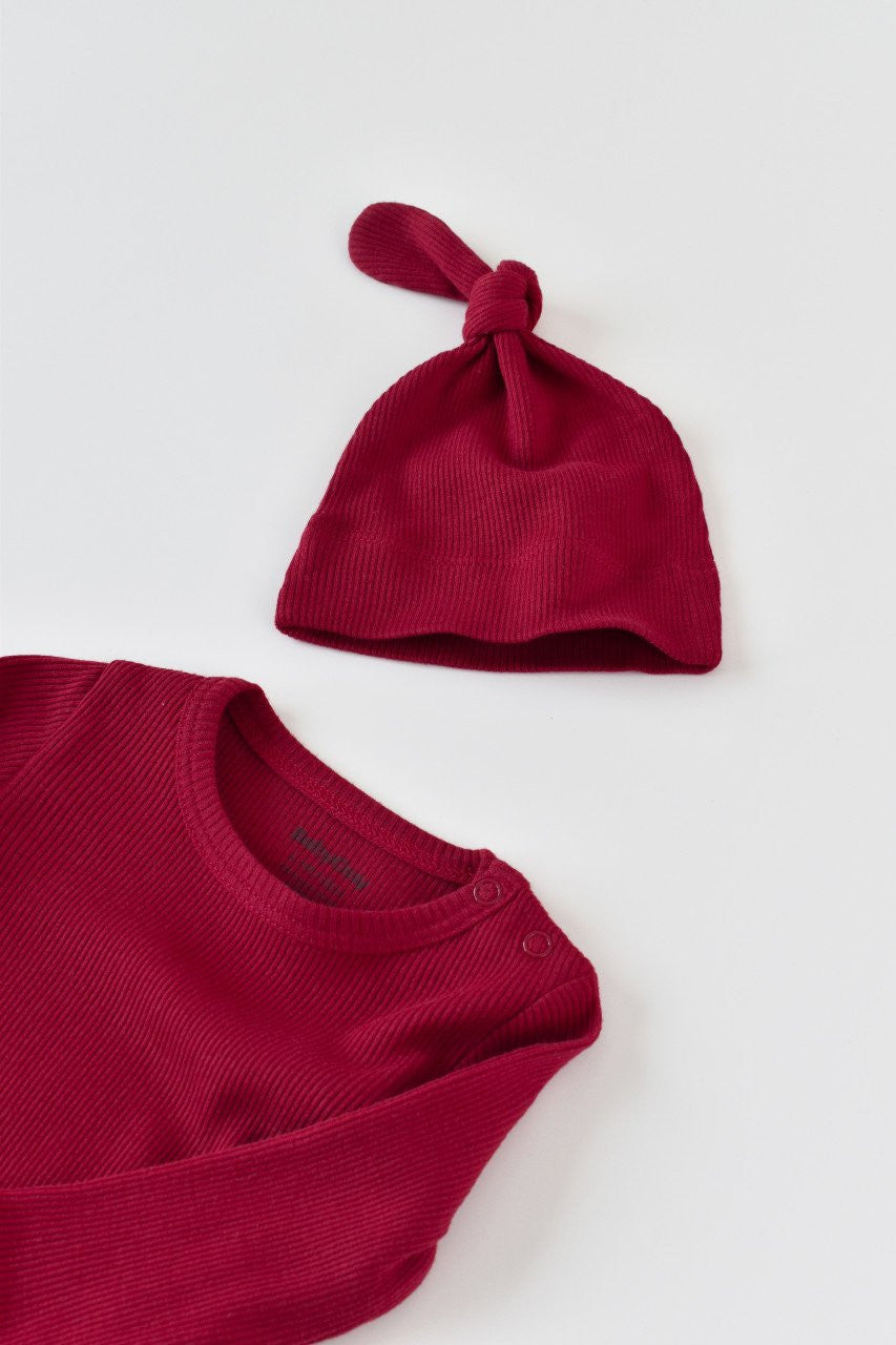 Set 3 piese: body cu maneca lunga, pantaloni lungi si caciulita din bumbac organic si modal - , BabyCosy