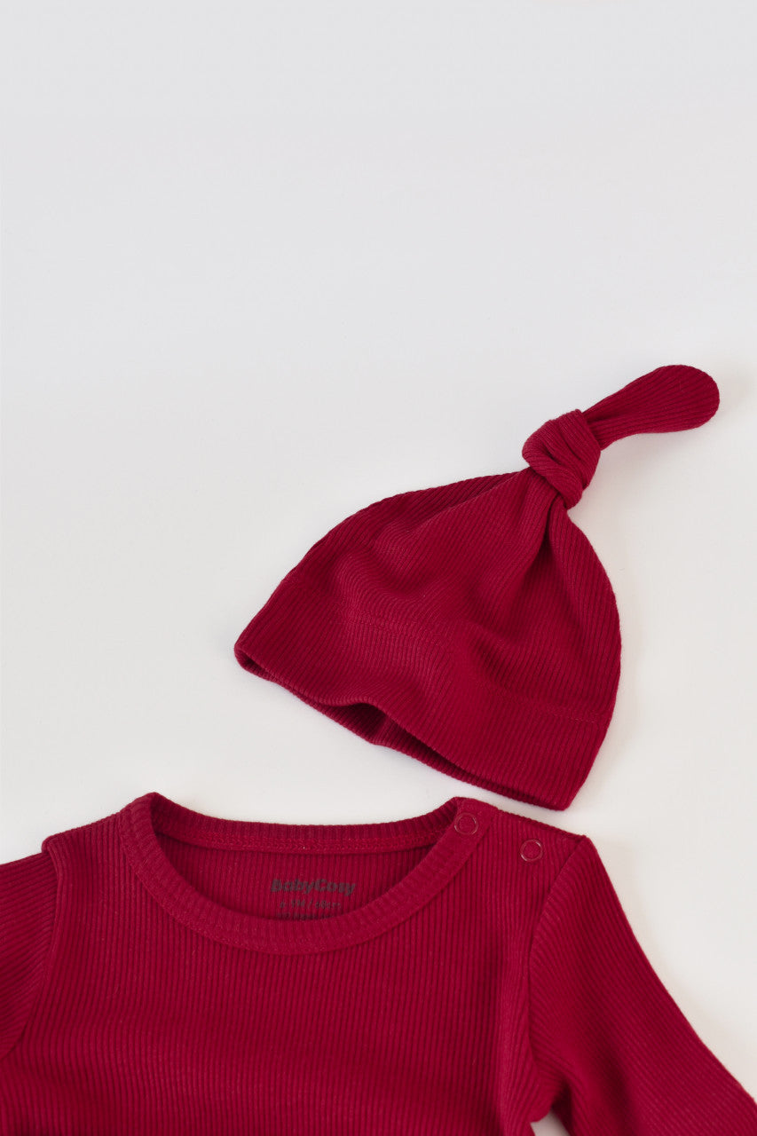 Set 3 piese: body cu maneca lunga, pantaloni lungi si caciulita din bumbac organic si modal - , BabyCosy