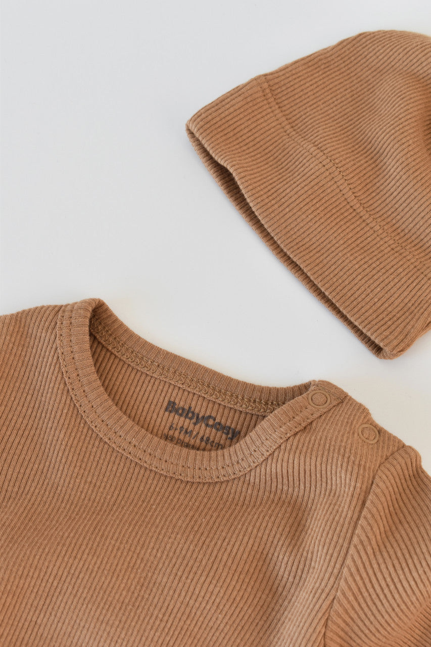 Set 3 piese: body cu maneca lunga, pantaloni lungi si caciulita din bumbac organic si modal - , BabyCosy