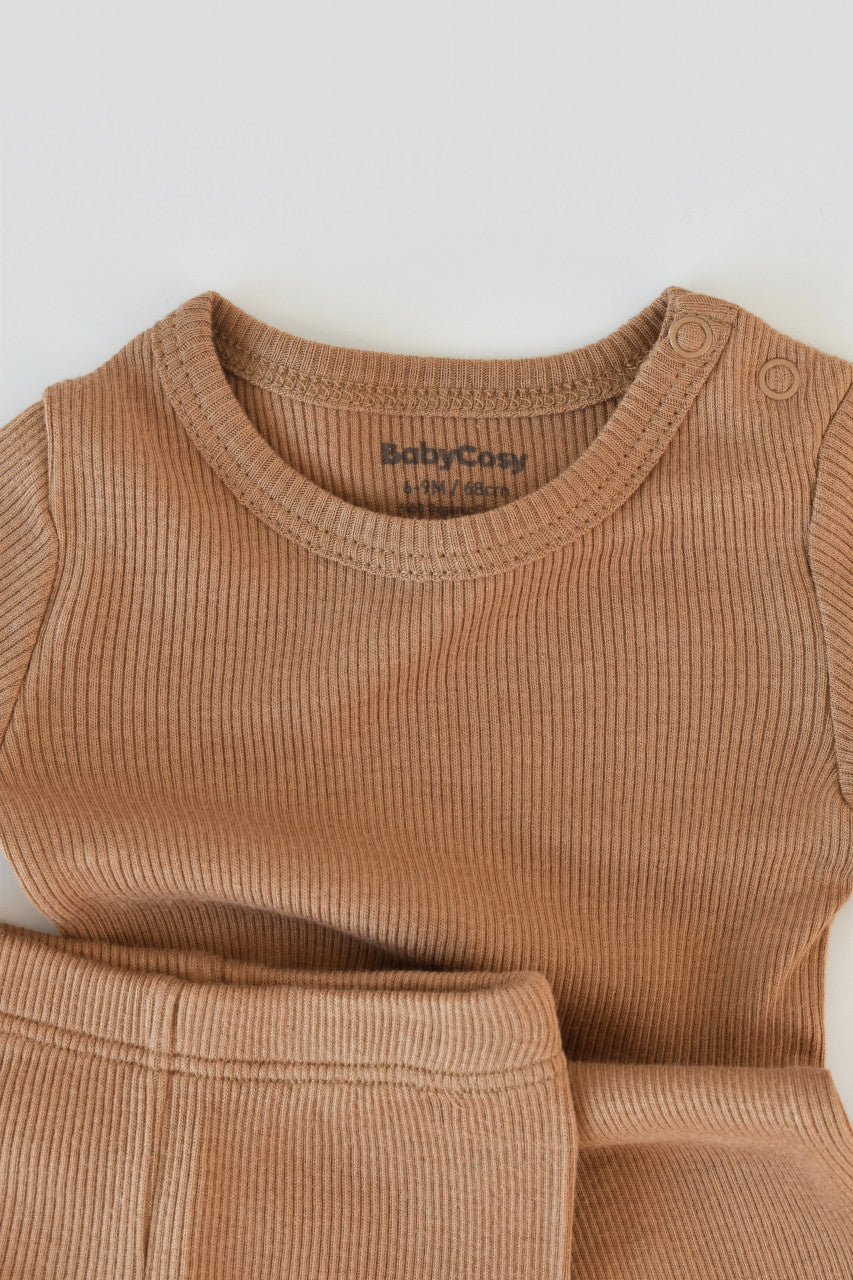 Set 3 piese: body cu maneca lunga, pantaloni lungi si caciulita din bumbac organic si modal - , BabyCosy