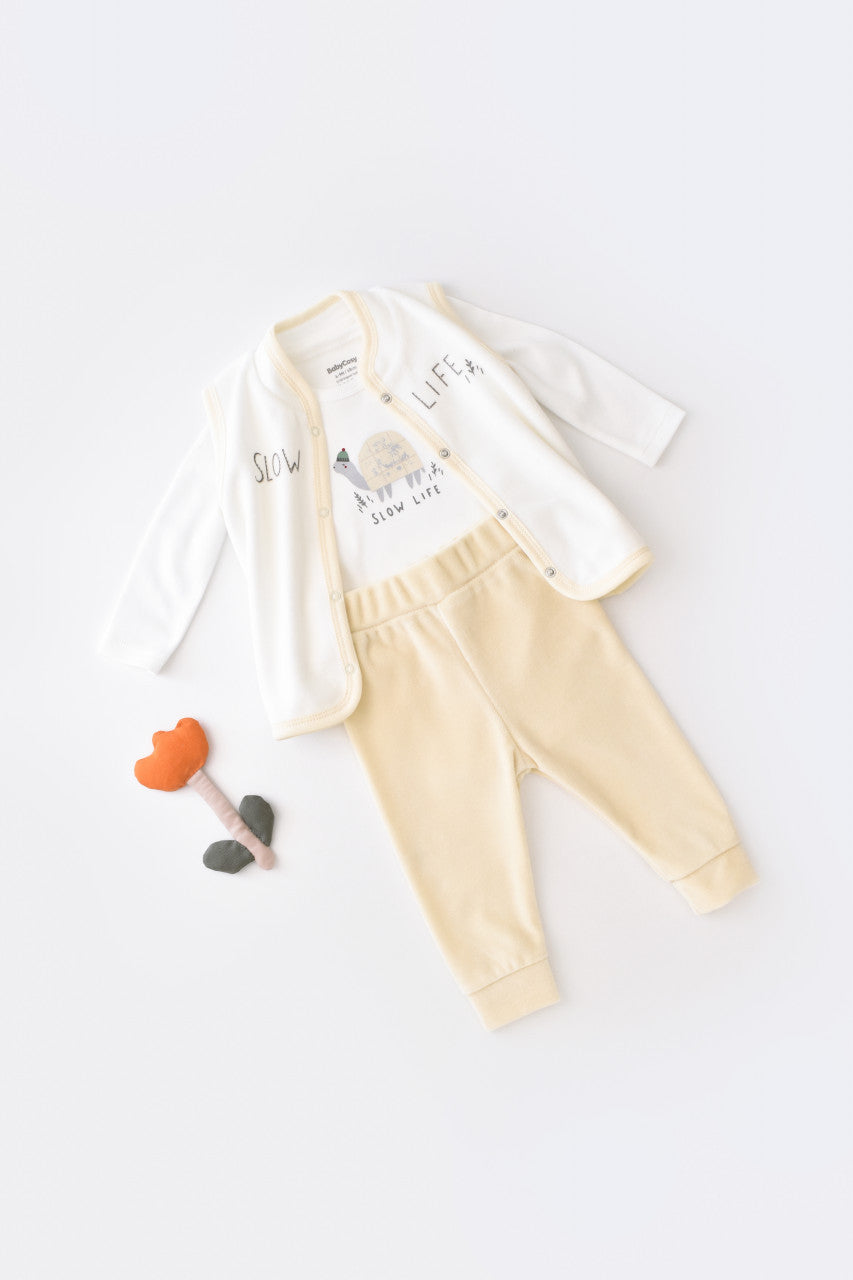 Set 3 piese Broscuta cu body, pantalonasi si vestuta din 80%bumbac organic si 20% poliester - , BabyCosy