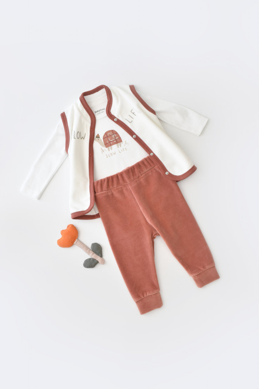 Set 3 piese Broscuta cu body, pantalonasi si vestuta din 80%bumbac organic si 20% poliester - , BabyCosy