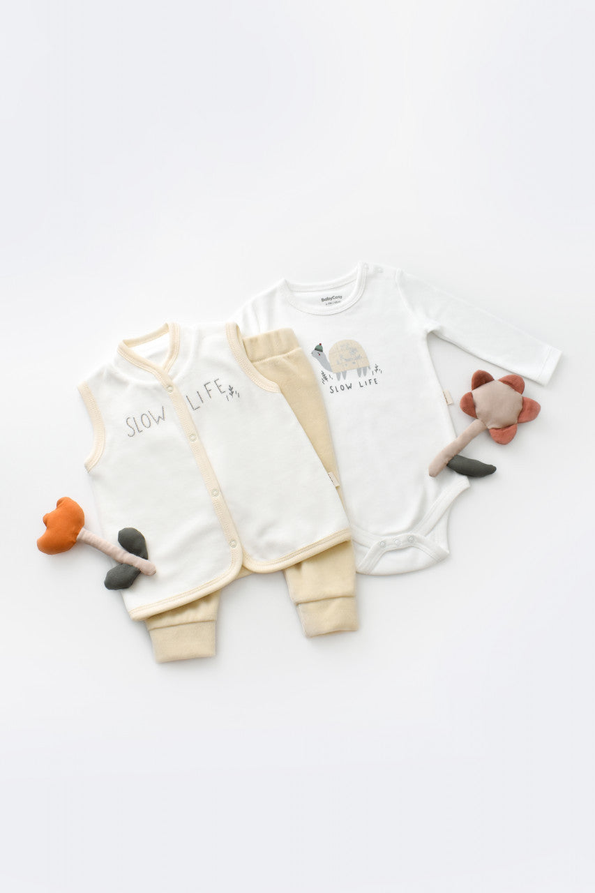 Set 3 piese Broscuta cu body, pantalonasi si vestuta din 80%bumbac organic si 20% poliester - , BabyCosy