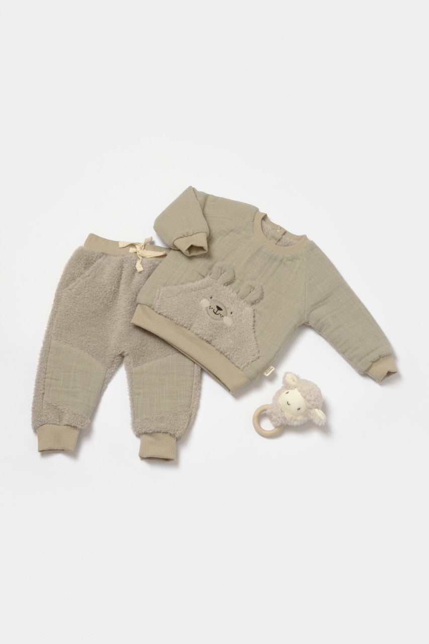 Set bluza cu buzunar si pantaloni Ursulet, Winter muselin, 100% bumbac dublat - , BabyCosy