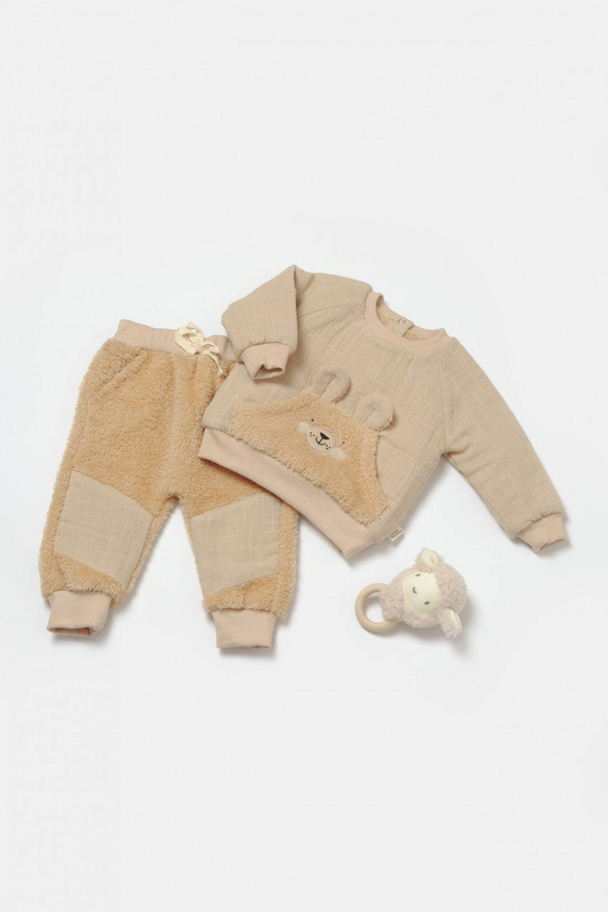 Set bluza cu buzunar si pantaloni Ursulet, Winter muselin, 100% bumbac dublat - , BabyCosy