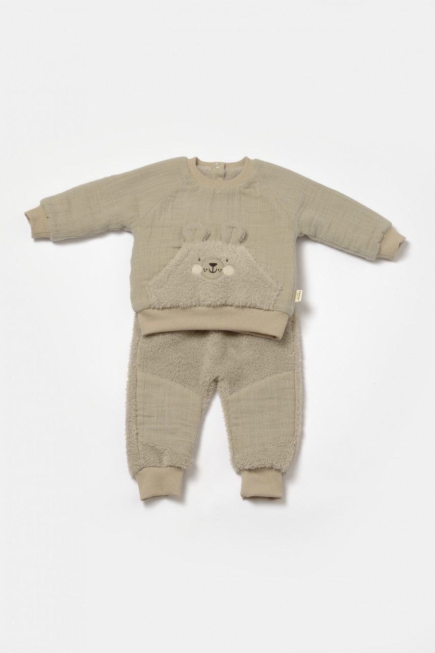 Set bluza cu buzunar si pantaloni Ursulet, Winter muselin, 100% bumbac dublat - , BabyCosy