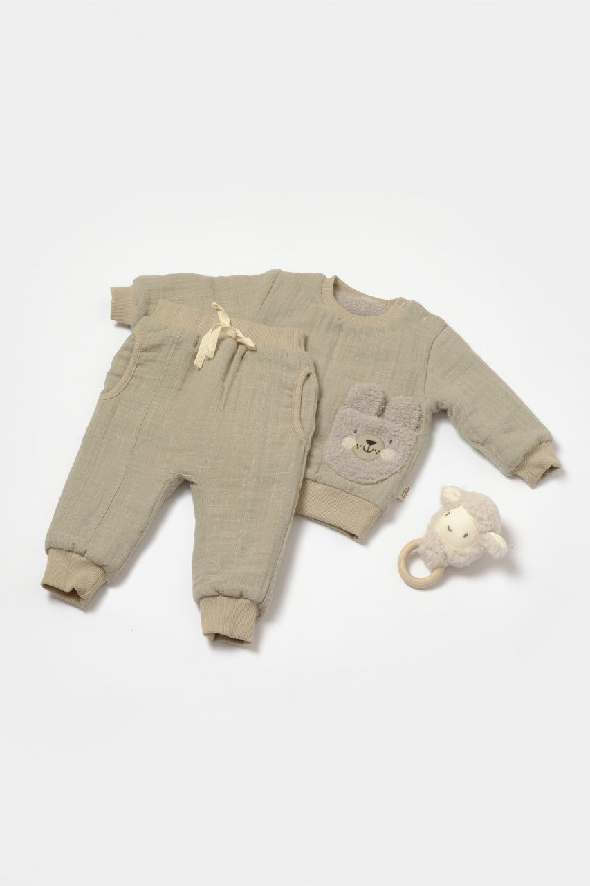 Set bluza dublata si pantaloni Ursulet, Winter muselin - , BabyCosy