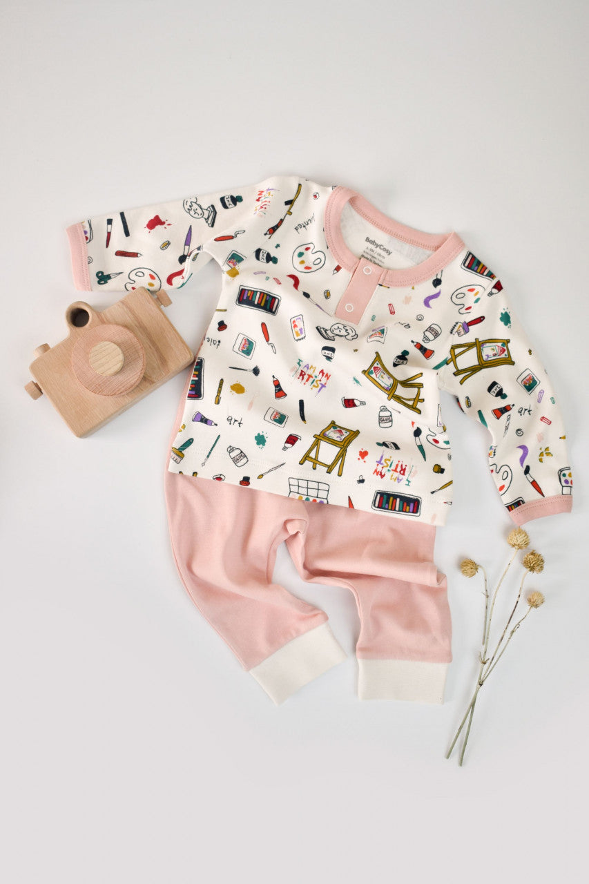 Set bluzita cu maneca lunga si pantaloni lungi din bumbac organic si modal -  BabyCosy