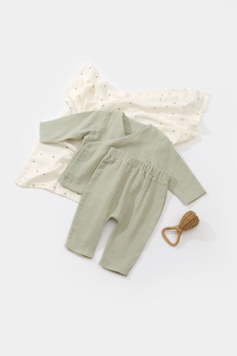 Set bluzita petrecuta si pantaloni lungi din muselina, BabyCosy, 100% bumbac organic,