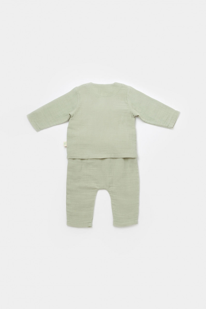 Set bluzita petrecuta si pantaloni lungi din muselina, BabyCosy, 100% bumbac organic,