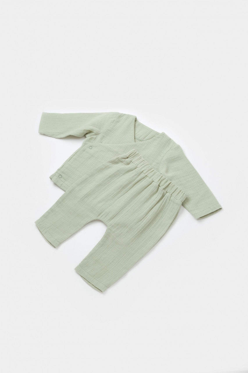 Set bluzita petrecuta si pantaloni lungi din muselina, BabyCosy, 100% bumbac organic,