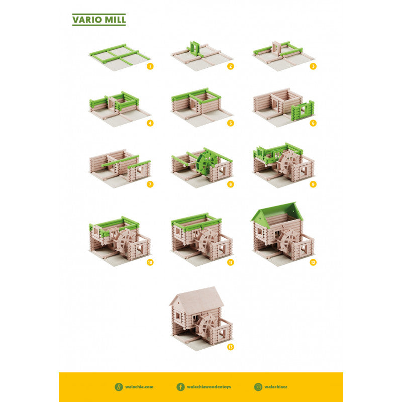 Set constructie arhitectura Vario Mill, 122 piese mari din lemn, Walachia