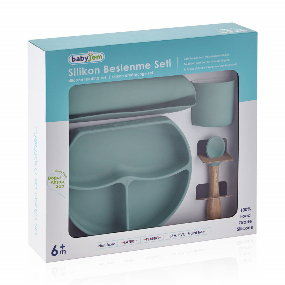 Set diversificare 4 piese din silicon BabyJem: bavetica, farfurie, lingurita si pahar