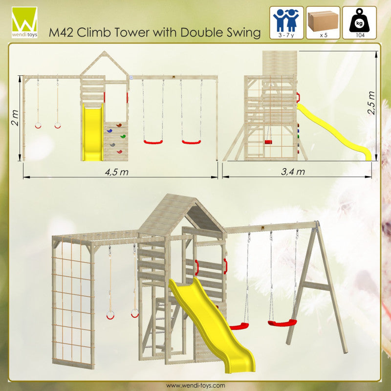 Turn de joaca cu 2 platforme, panou de catarare, tobogan, leagan dublu si modul de gimnastica (M41), Wendi Toys - Imagine 4
