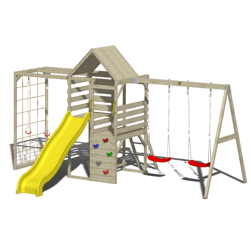 Turn de joaca cu 2 platforme, panou de catarare, tobogan, leagan dublu si modul de gimnastica (M41), Wendi Toys - Imagine 5