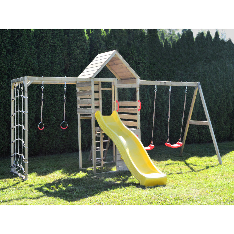Turn de joaca cu 2 platforme, panou de catarare, tobogan, leagan dublu si modul de gimnastica (M41), Wendi Toys - Imagine 3