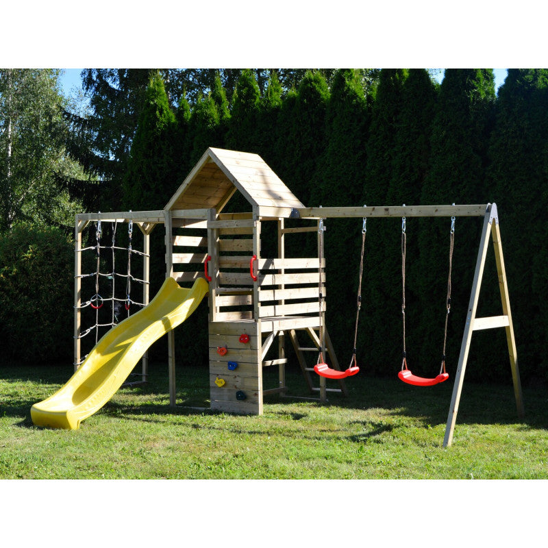Turn de joaca cu 2 platforme, panou de catarare, tobogan, leagan dublu si modul de gimnastica (M41), Wendi Toys