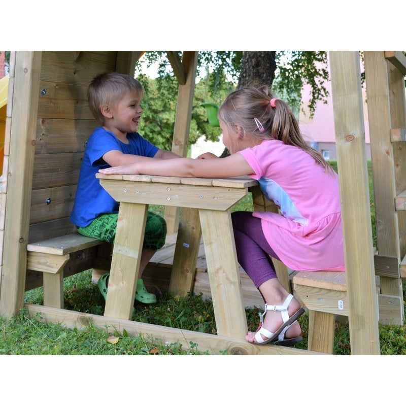 Turn de joaca cu 2 platforme, panou de catarare, tobogan, leagan, masuta de picnic cu bancute si lada de nisip