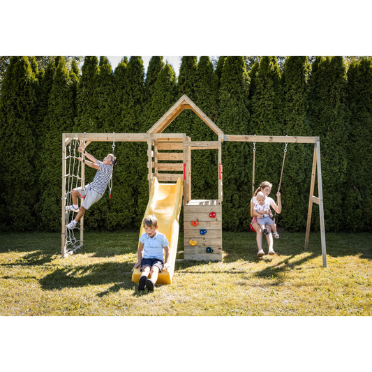 Turn de joaca cu 2 platforme, panou de catarare, tobogan, leagan si modul de gimnastica (M41), Wendi Toys - Imagine 2