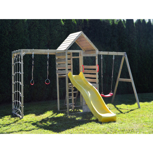 Turn de joaca cu 2 platforme, panou de catarare, tobogan, leagan si modul de gimnastica (M41), Wendi Toys