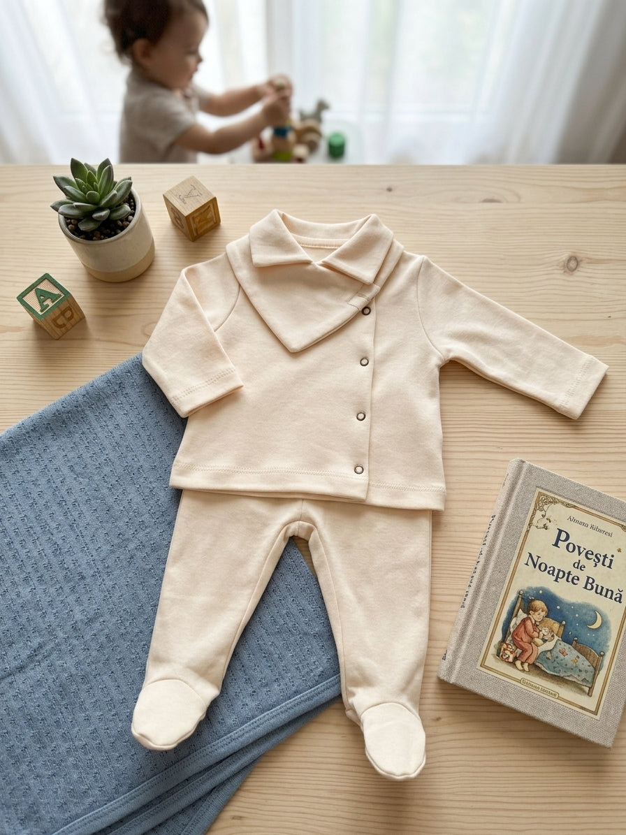 Set hăinuțe nou-născut INFANT Princess Ecru cu guler volănaș și păturică roz - 3-6 Luni / Bleumarin [ps:bbe5b358-c942-419b-b052-40ea9ddc7a05]